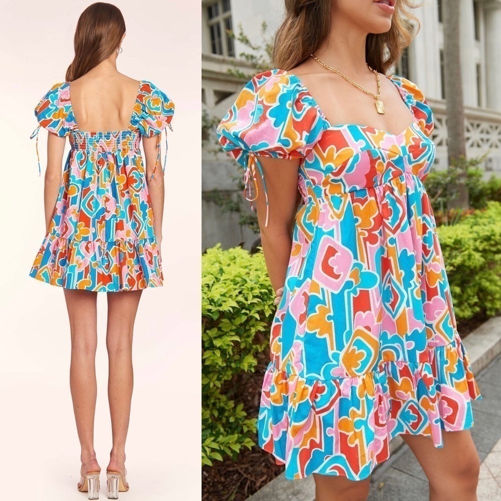 AMANDA UPRICHARD 90s Abstract Graphic Print Puff Short Sleeve Babydoll Dress L‎ - Picture 13 of 16